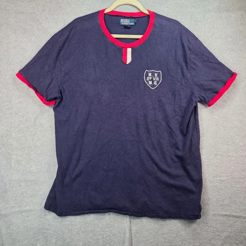 Polo Ralph Lauren T-Shirt Mens XL Navy Blue Red Ringer Crest Notched Neck